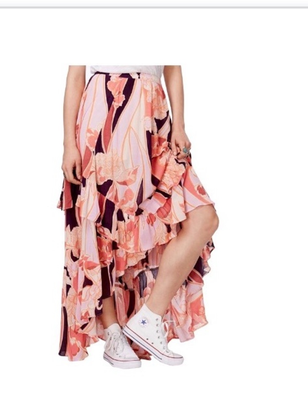 Nine West Pink and Coral Floral High-Low Ruffle Skirt